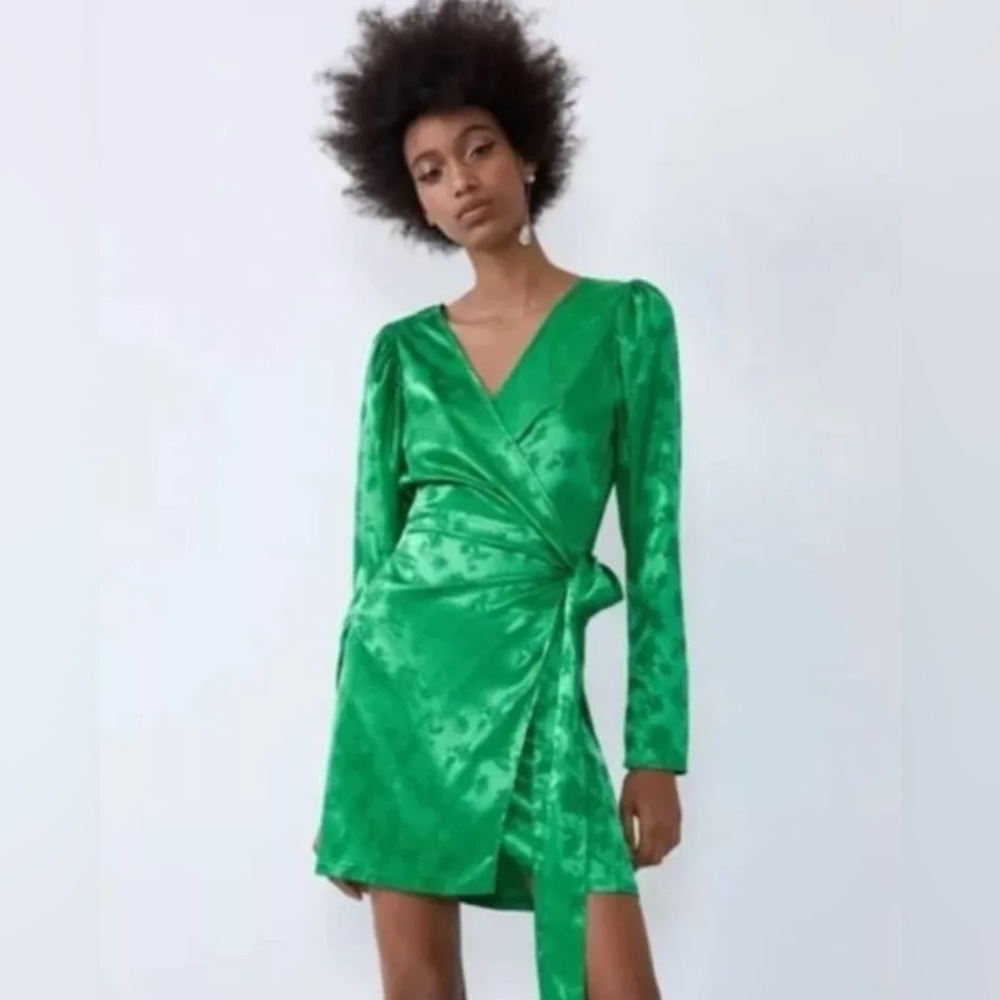 Zara green wrap dress silk like material